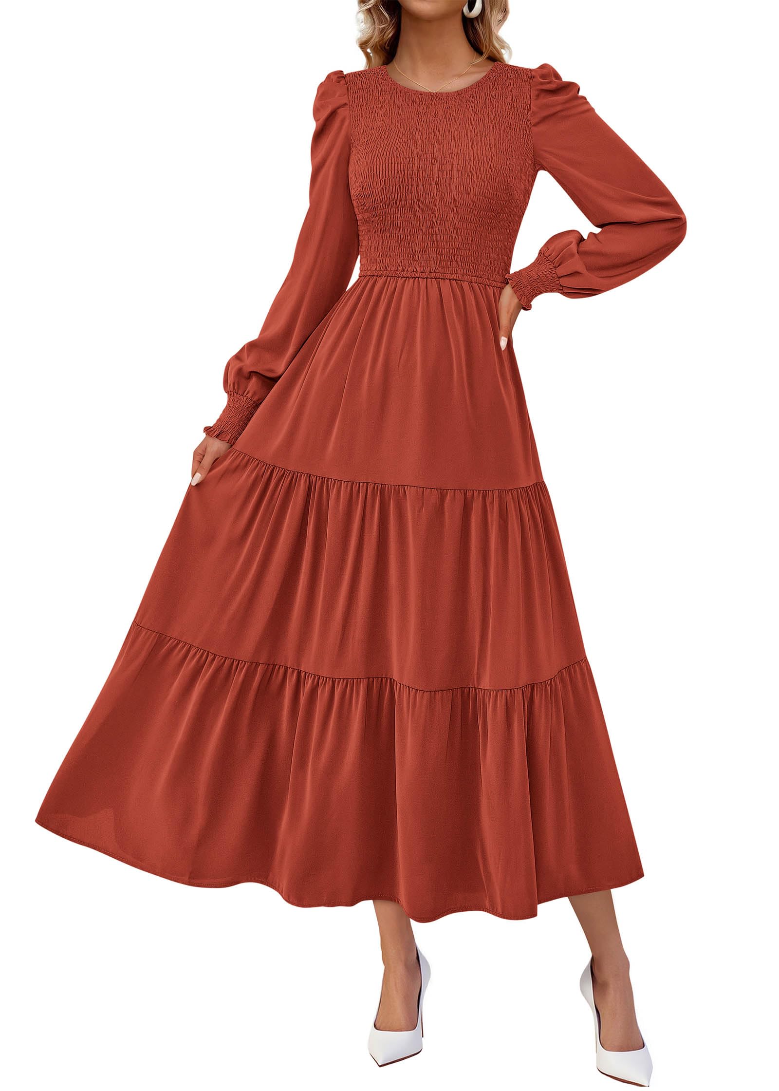 KIRUNDO Fall Dresses for Women 2025 Long Sleeve Maxi Wedding Guest Smocked Crew Neck Empire Waist A Line Flowy Long Dress(Brick Red, XX-Large)