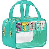 BuyCard Chenille Letter Clear Makeup Bags, Stuff Bag for Travel, Preppy Patch Nylon Cosmetic Bag with Handles and Zipper, Waterproof Large Clear Travel Toiletry Bag Storage Bag for Women