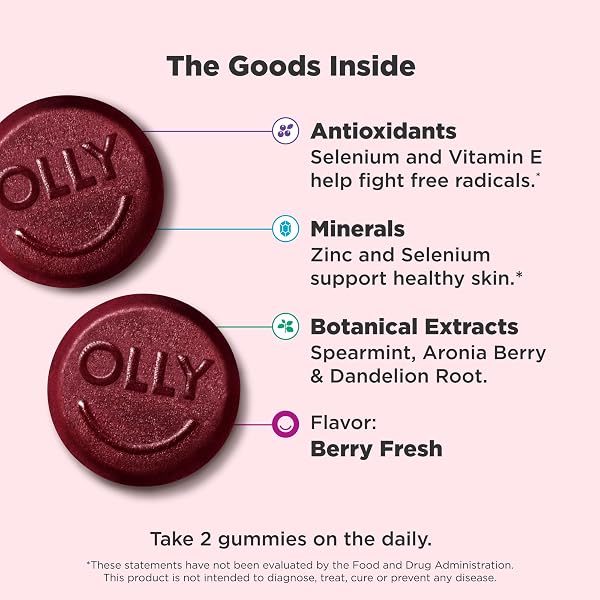 OLLY FLAWLESS COMPLEXION GUMMY, CLEAR AND HEALTHY SKIN SUPPORT, VITAMINS E, A, ZINC, CHEWABLE SUPPLEMENT, BERRY – 50 COUNT (PACK OF 1)