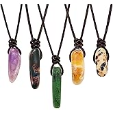Ornaland 5 Pcs 5 Styles Natural Mixed Gemstone Pendant Necklace Adjustable Crystal Stone Charms Necklace with Cowhide Leather Cord Jewelry for Women