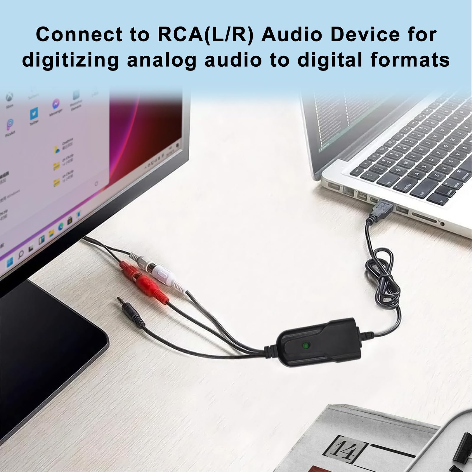 Wiistar USB2.0 Audio Capture Card RCA L/R+3.5mm Audio to USB up to 96kHz Wave/MP3 for Tape MD CD Player Phono Laptop