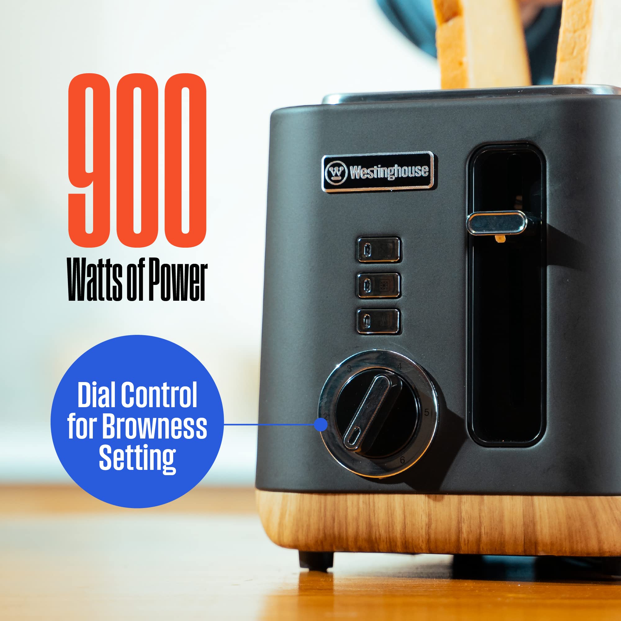 Tostadora de diseño escandinavo Westinghouse con ranuras anchas, bandeja recogemigas extraíble, 6 niveles de dorado y opciones de cancelar/recalentar/descongelar - para pan, bagels y gofres - negro con acabado de madera, 2 rebanadas