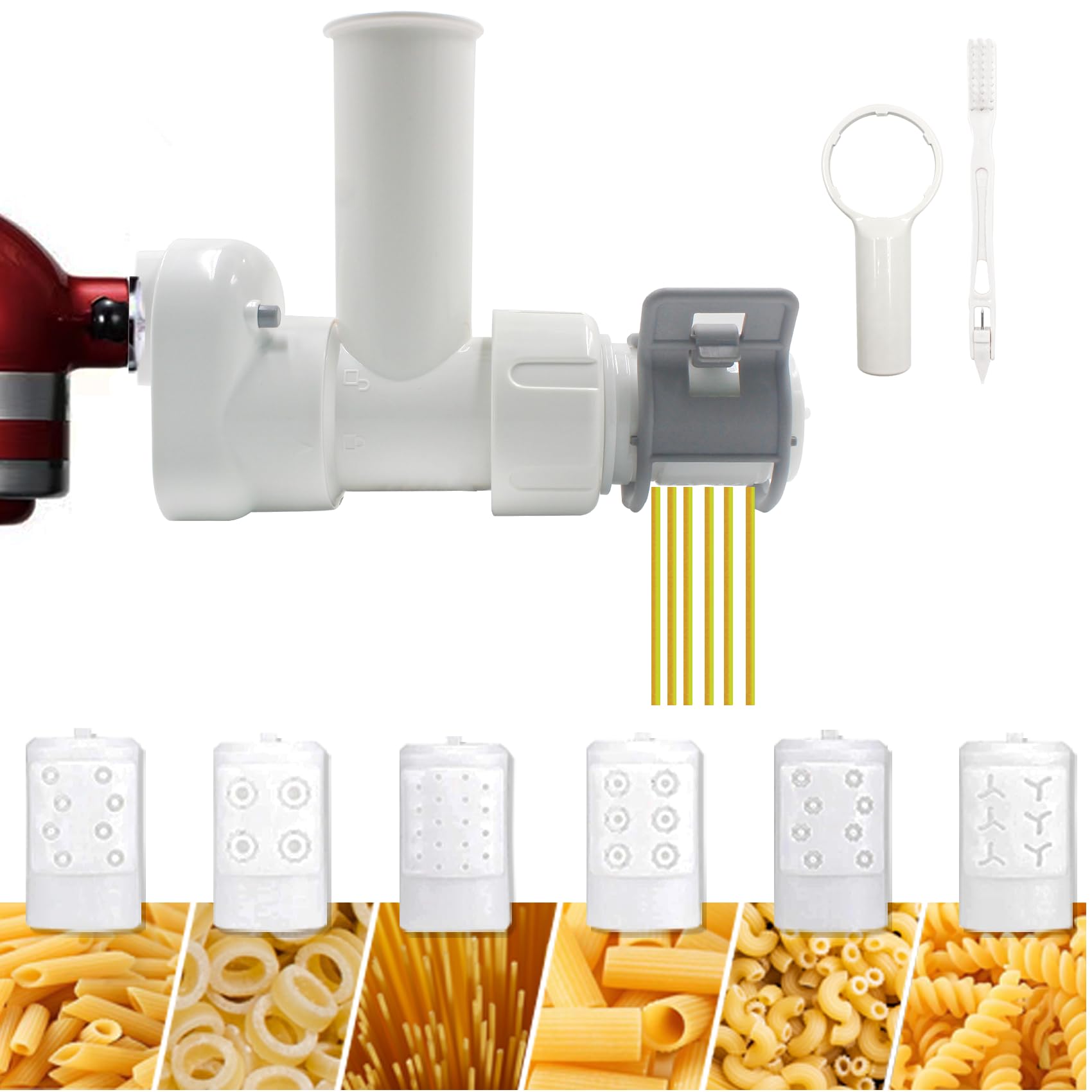 Pasta Maker Attachment for Kitchen aid Stand Mixers with 6 Interchangeable Different Shapes of Pasta Outlet and Cleaning Brush, Durable Pasta Press Attachments (White)