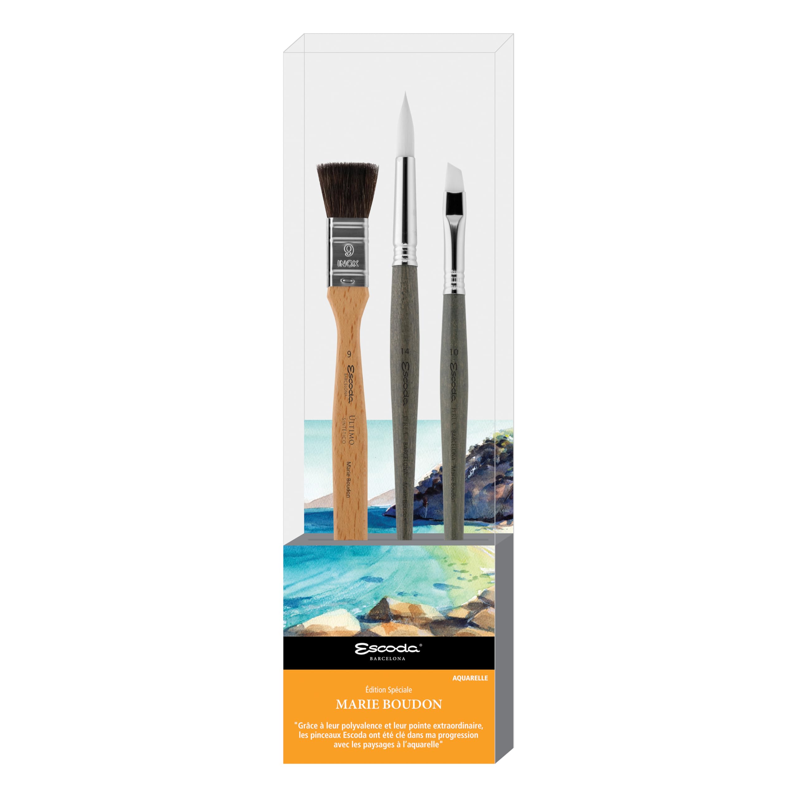 Escoda | Watercolour | Artist Set Marie Boudon | Size 9,10,14 | 3 Brushes | Synthetic White Toray + Tendo | Mottler + Angular + Round Pointed Image