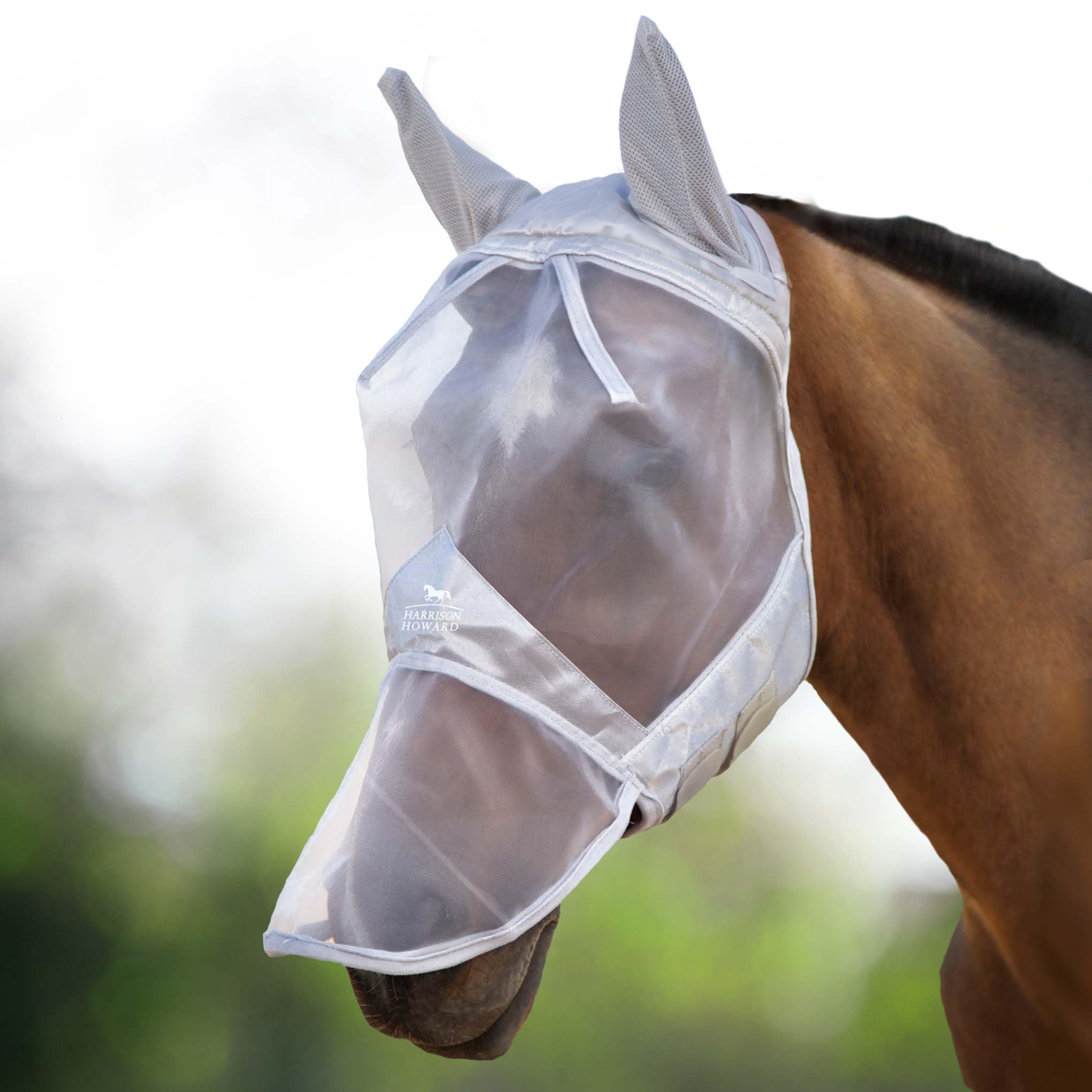 Harrison Howard CareMaster Horse Fly Mask Long Nose with Ears Full Face Moonlight Silver Large Full Size