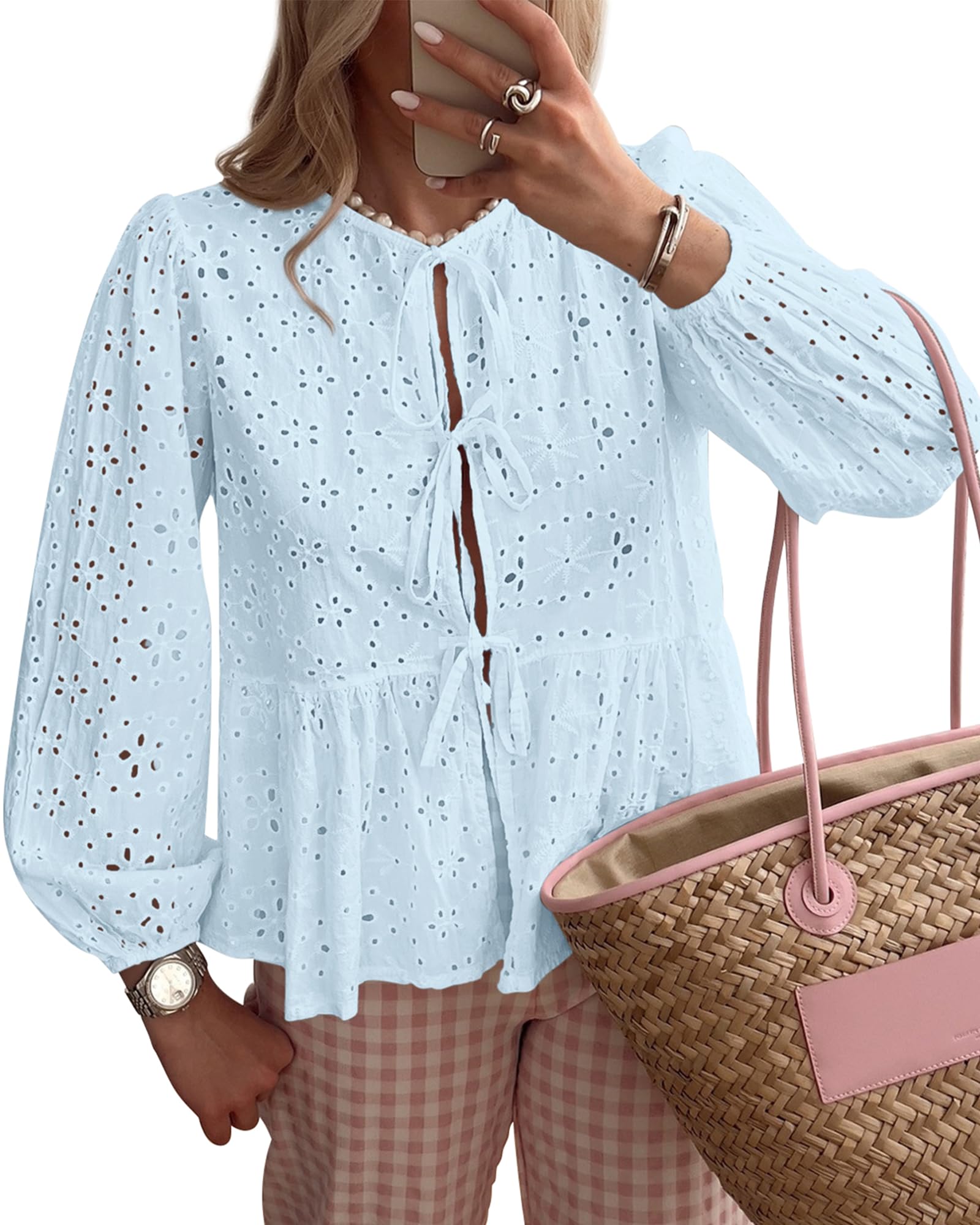 Photo 1 of KIRUNDO Babydoll Tops for Women Long Sleeve Tie Front Eyelet Going Out Peplum Cute Cotton Shirts 2025 Fall Dressy Blouses(Light Blue, Small)