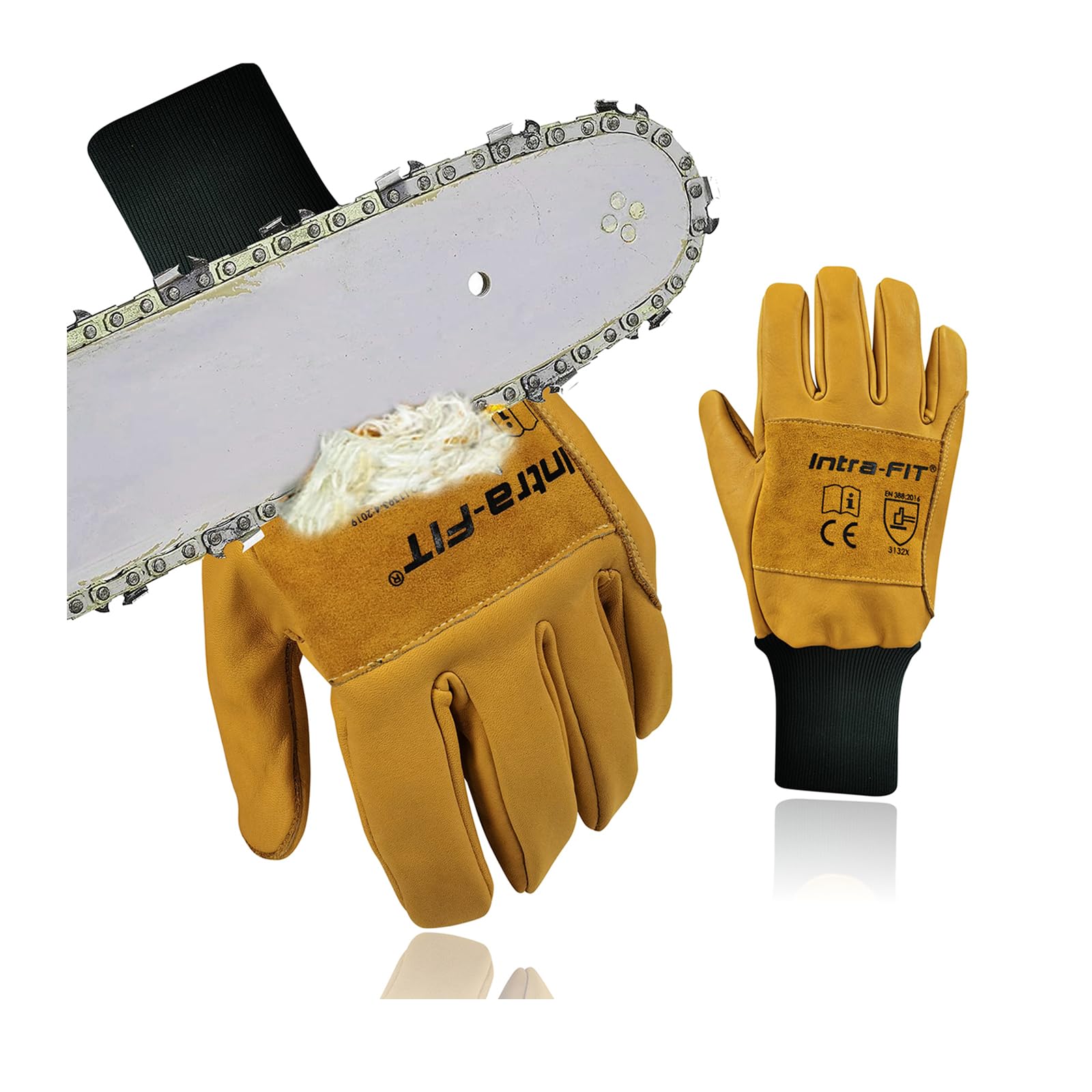 Intra-FIT Chainsaw Gloves Multi-Layer Protection on Left Hand, Safety Forestry Work Gloves in Water Resistant Cowgrain Leather, Class 2, Latest Standard EN ISO 11393-4, EN 388: 3132X