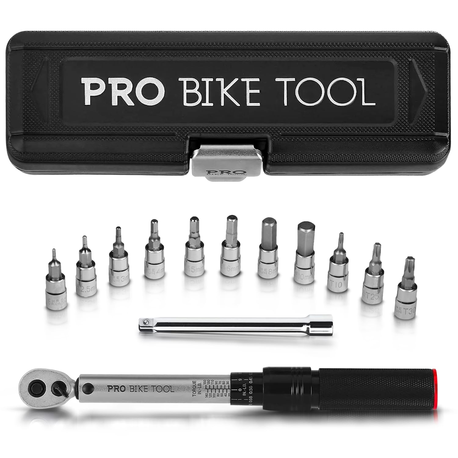 Photo 1 of PRO Bike Tool Torque Wrench and Torque Screwdriver Set - Precision Tool for Bike Maintenance - 1/4 Inch Drive - 2.2 to 16.9 Nm - Complete Kit with Allen, Torx, Extension - with Protective Case