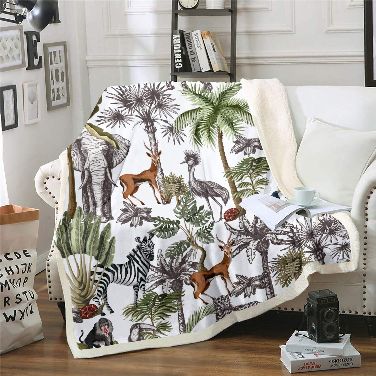 Loussiesd Leopard Zebra Elephant Fleece Throw Blanket for Sofa Couch Bed - Palm Tree Print Sherpa Plush Fuzzy Tropical Nature Theme Room Decor - Single 50"x60"