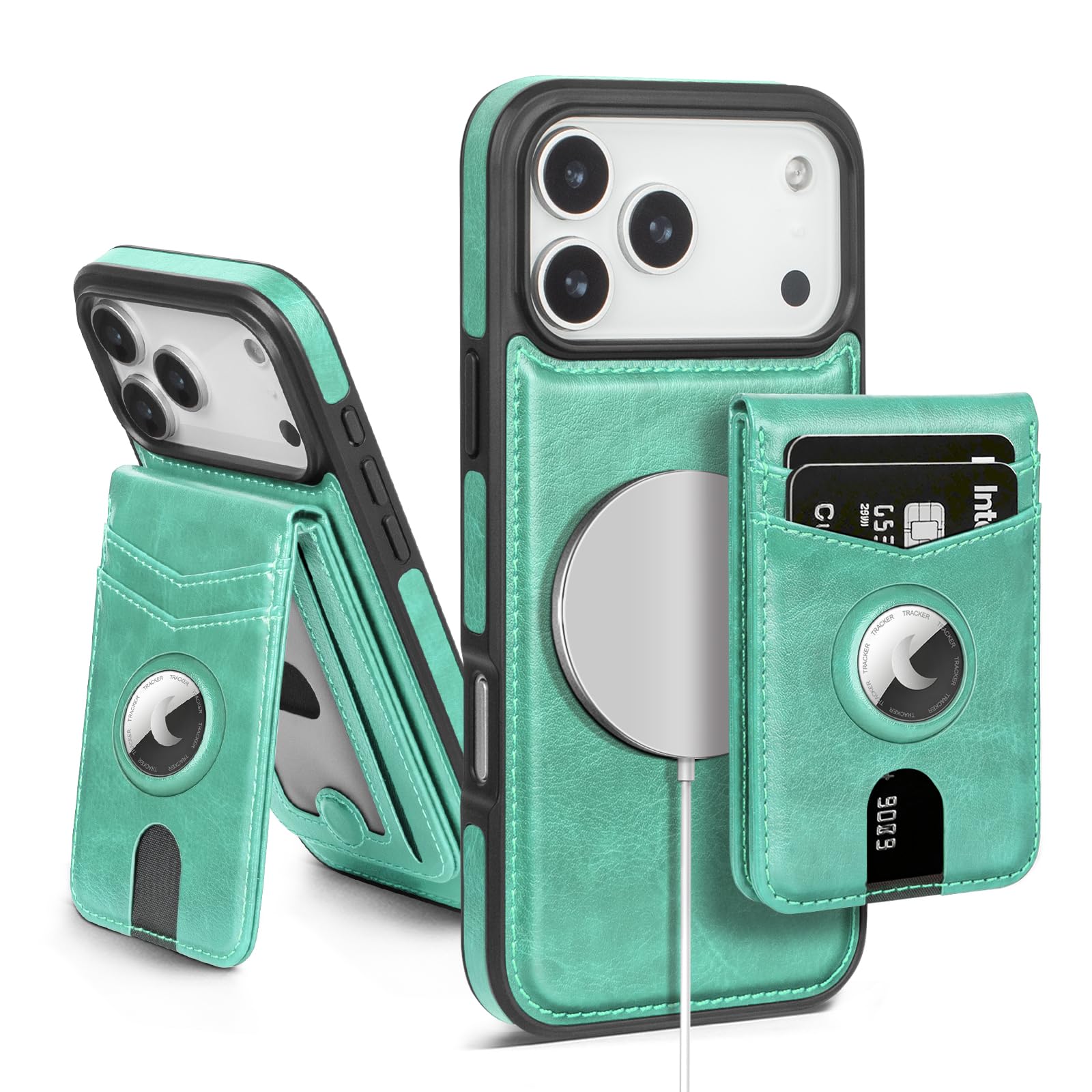 SkyEagle Compatible with MagSafe iPhone 17 Pro Case Wallet with AirTag Holder,2 in 1 PU Leather Magnetic Detachable RFID Blocking Credit Card Holder Flip Cover Kickstand for Men Women,Blue Green