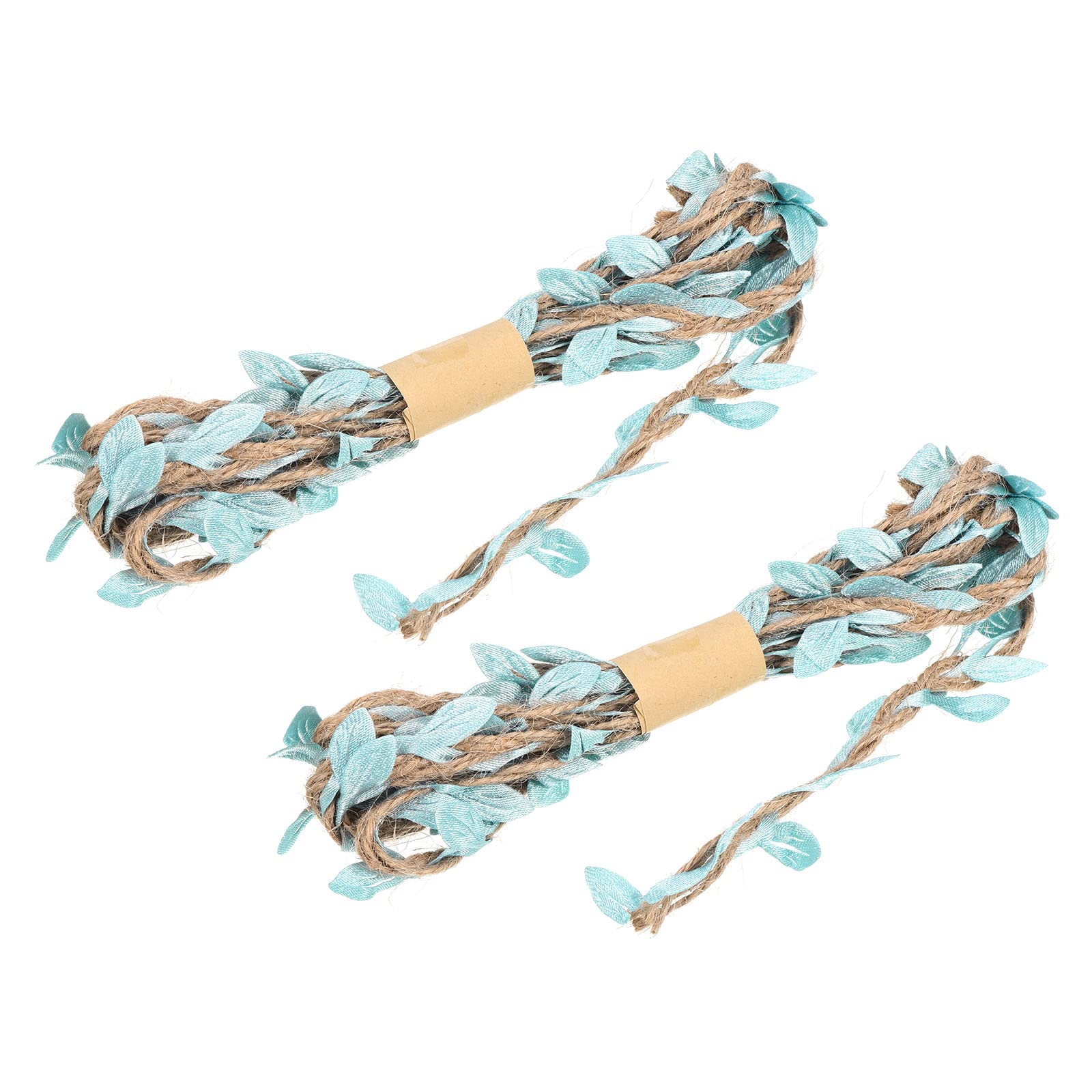 PATIKIL 6.6ft 5mm Burlap Leaf Ribbon, 2 Pack Braided Decoration Vine Natural Jute Rope Twine with Artificial Leaves for Jungle Wedding Party Home Garden Decor, Sky Blue