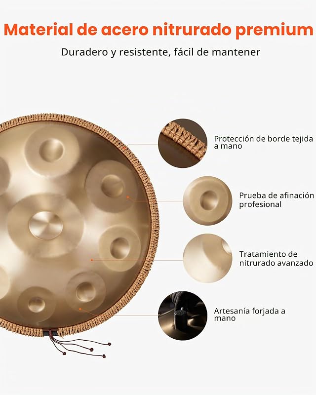 Tambor de Mano 55 cm 9 Notas 432 Hz, Tambor Handpan en D Menor con Mazos, Instrumento de Percusión con Bolsa de Transporte para Yoga, Meditación, Educación Musical de Principiantes, Dorado