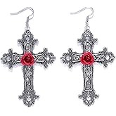 Vintage Gothic Cross Rose Earrings Dark Punk Style Large Cross Flower Dangle Drop Earrings Red Black Purple Rose Flower Earrings Goth Earrings Christmas New Year Halloween Jewelry for Women