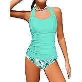 HOTOME Girls Swimsuit 2 Piece Halterneck Cross Straps Girls Tankini Top Drawstring Prints Shorts Bathing Suit for Teens 9-16Y