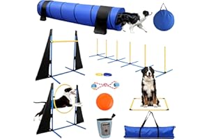 POPMOON Agility Training Equipment for Dogs,Dog Agility Equipment for Backyard&Indoor Training-Professional Backyard Course with Adjustable Jumps,Collapsible Tunnel,Storage Bags&Toys (Blue, 11 PCS SET)