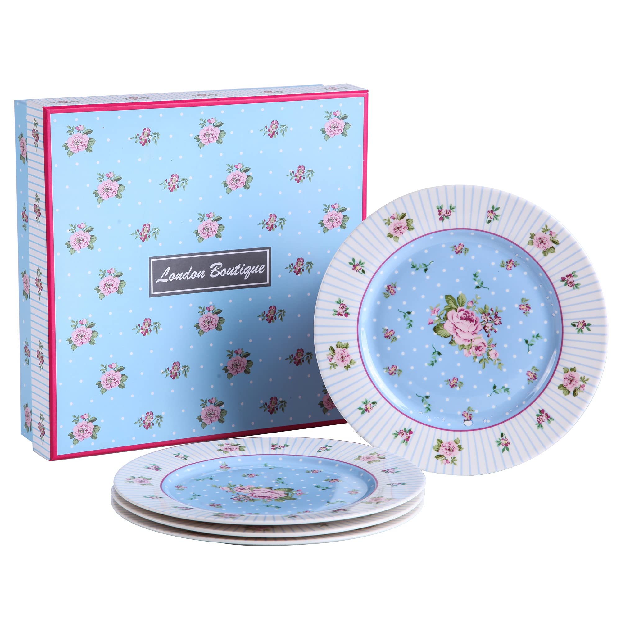 London Boutique Cake Plate Set 4 Porcelain Fine China Wide Rimmed Shabby Chic (Rose Blue)