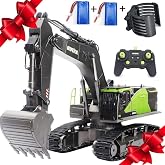 RC Excavator for Adults Huina 1593 Fully Functional 1:14 Toy 28 Channel Remote Control Truck Construction Vehicle Metal Bucket LED Lights Simulating Sounds 2 Batteries and Gripper 2026 Model