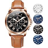 Taxau Mens Watches Waterproof Leather Watches for Men Classic Chronograph Men's Dress Watch Casual Business Analog Quartz Mens Wrist Watch Brown Band with Date Luminous