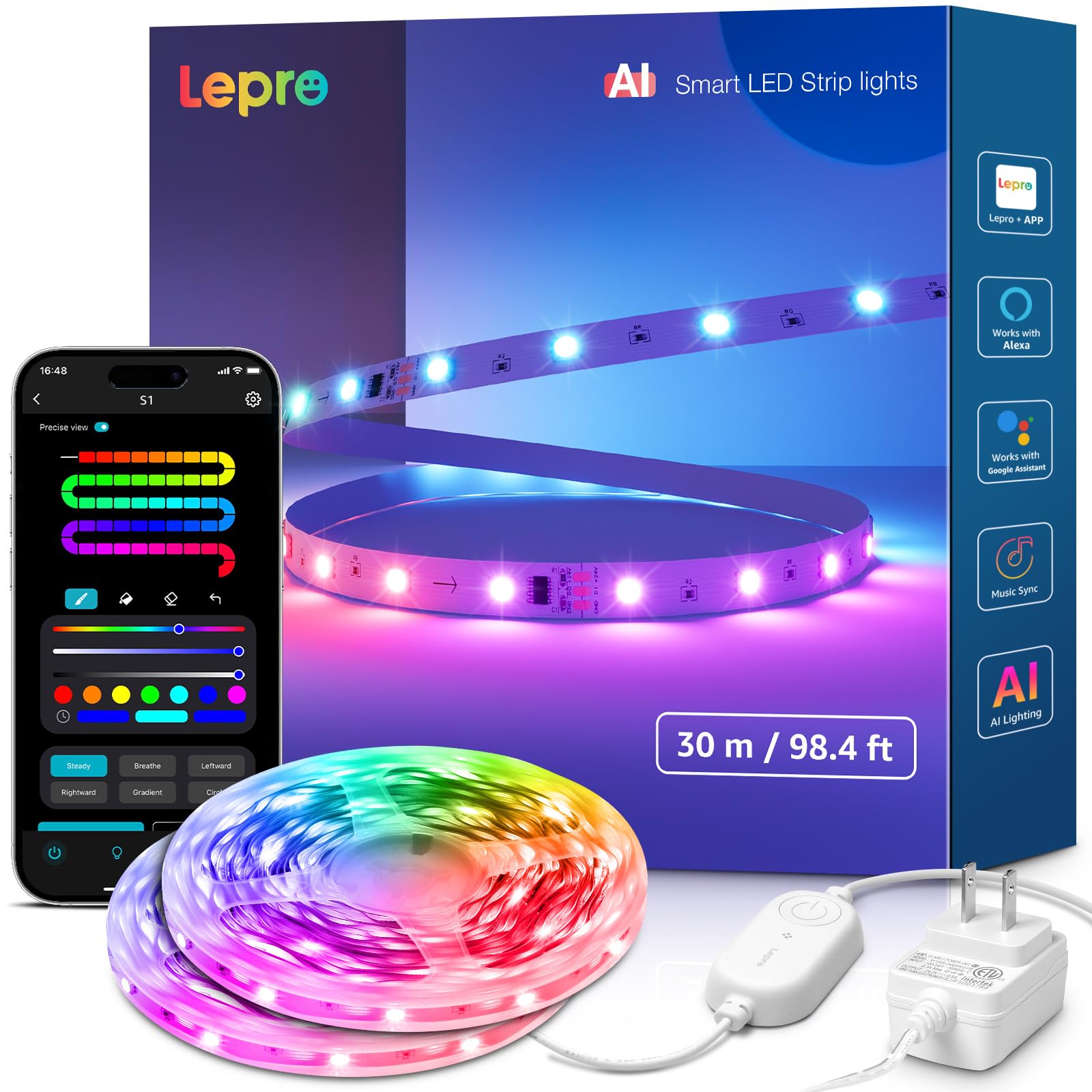 Photo 1 of Lepro S1 AI LED Strip Lights for Bedroom - 100ft(2 Rolls of 50ft) Smart RGB Light Strips with IC and Rainbow Chasing Effects, AI Generated Lighting, No Remote, 2.4G Wi-Fi & Bluetooth