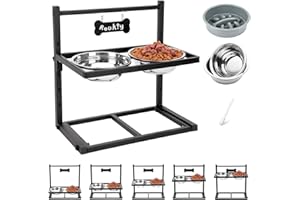 ADENGL Elevated Dog Bowls with Slow Feeder Dog Bowls, 5 Height Adjustable Raised Bowl Stand with 2 Stainless Steel Food & Water Container, Pet Bowl Elevated for Medium Large Pet