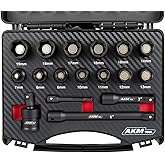 AKM TOOL 17PCS 3/8 Inch Drive Magnetic Impact Socket Set, Metric, 7mm-19mm, 6 Point, Cr-Mo, Square Drive, Magnetic Socket with Universal Joint, Drill Bit Adapter & Extension