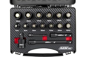 AKM TOOL 17PCS 3/8 Inch Drive Magnetic Impact Socket Set, Metric, 7mm-19mm, 6 Point, Cr-Mo, Square Drive, Magnetic Socket with Universal Joint, Drill Bit Adapter & Extension
