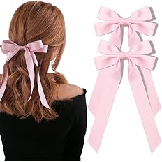 Silky Satin Hair Bows and Ribbons: 2PCS Pink Alligator Clips for Ponytail Holders, Hair Accessories for Women, Girls, Toddler