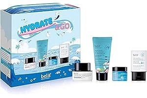 belif Hydrate & Go Kit – 4-Step Korean Skincare Gift Set with Toner, Moisturizing Bomb, Jelly Cleanser, Eye Bomb, SPF 45 Sunscreen, TSA-Friendly, Deep Hydration & Barrier Care for Glowy, Bouncy Skin
