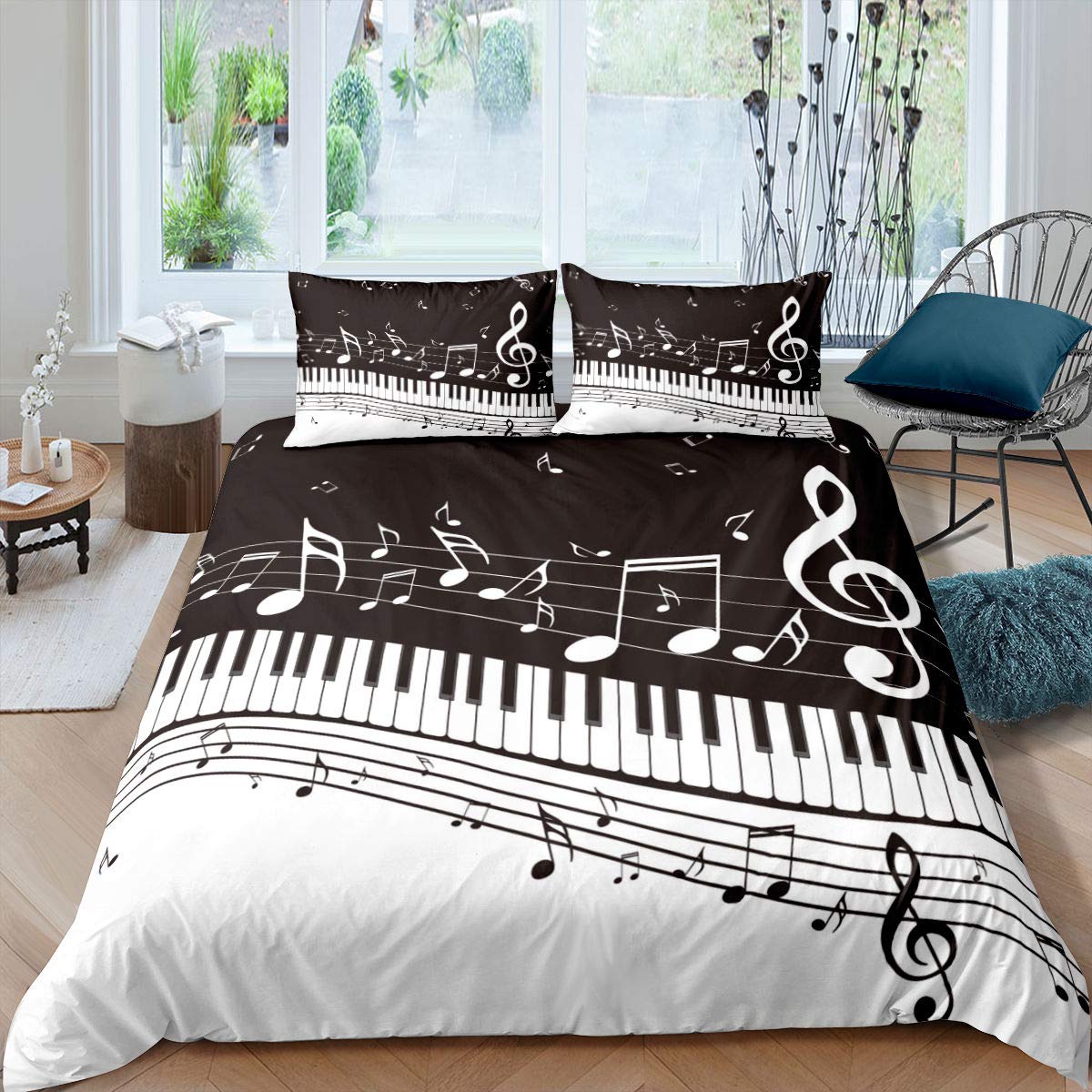 Note Melody Bedding Set Piano Keys Keyboard Duvet Cover Classical Music Jazz Blues Comforter Cover Luxury Stripes Bedspread for Kids Adults Bedroom Collection 2Pcs Single Size,Black,White