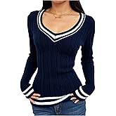 Floerns Women's Striped Preppy Sweaters V Neck Cable Knit Going Out Fall Pullover Tops