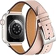 Bestig Bands Compatible with Apple Watch Band 40mm 41mm 38mm 42mm(Series 10) Women Men, Genuine Leather Double Tour Designed Slim Thin Strap for iWatch SE Series 9 8 7 6 5 4 3 2 1(PinkSand+Starlight)
