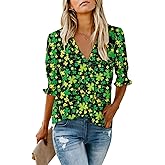 Roshop Valentines Blouses Women's Dressy Tops Smocked Sleeve Deep V Neck Cute Heart Blouse