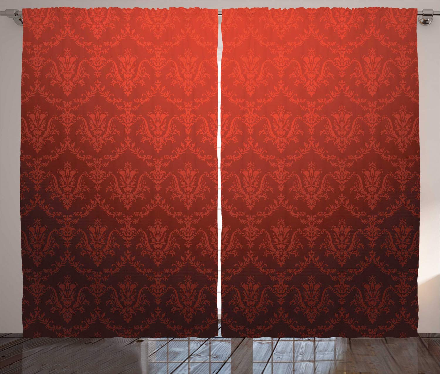 ABAKUHAUS Dark Red Curtains, Antique Floral Pattern with Baroque Royal Renaissance Influences and Ombre Effect, Living Room Bedroom Window Drapes 2 Panel Set, 280 x 245 cm, Black Red
