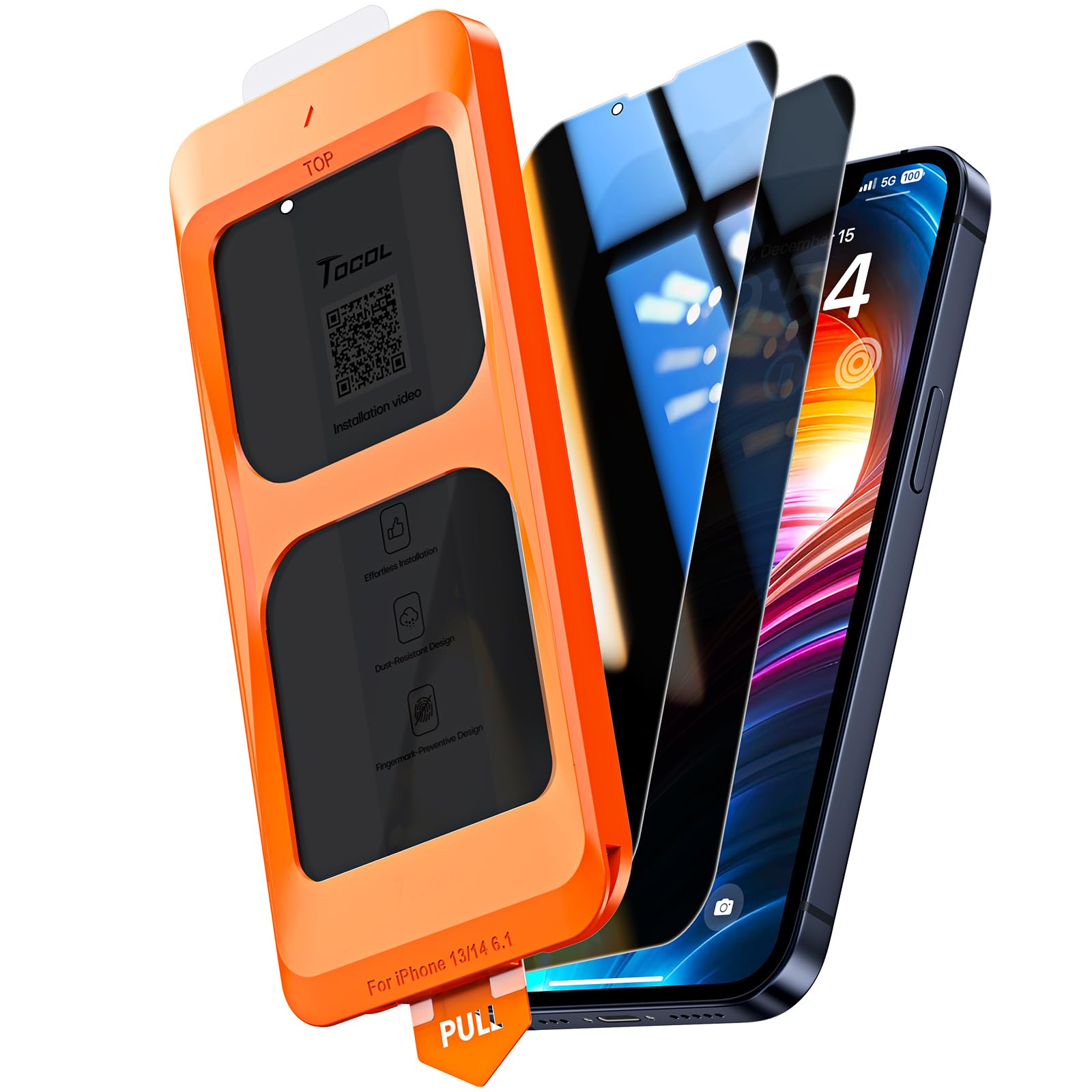 TOCOL 2 Pack for iPhone 13 Privacy Screen Protector 6.1-Inch, True 25°Anti Spy, Instant Installation, Tempered Glass, Case Friendly, HD Coverage Protection