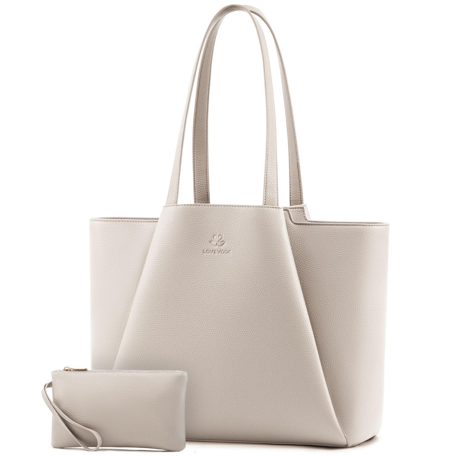 Photo 1 of LOVEVOOK Laptop Tote for Women - 15.6 Inch Faux Leather Laptop Bag with Clutch, Large Capacity Office Purse for Casual Business Travel, Off White