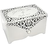 Cherished Moments Jewelry Keepsake Box with Filigree Design and Engraved Cross for Baptism Gift for Girls, Silver Toned