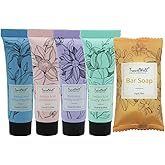 Travel Well Flower Series Mini Hotel Toiletries - Individually Wrapped Guest Bathroom Amenities in Bulk - Shampoo & Conditioner Minis Bulk - Body Wash & Lotion Sets - 60 Sets, 15 ml & 21 g Bars
