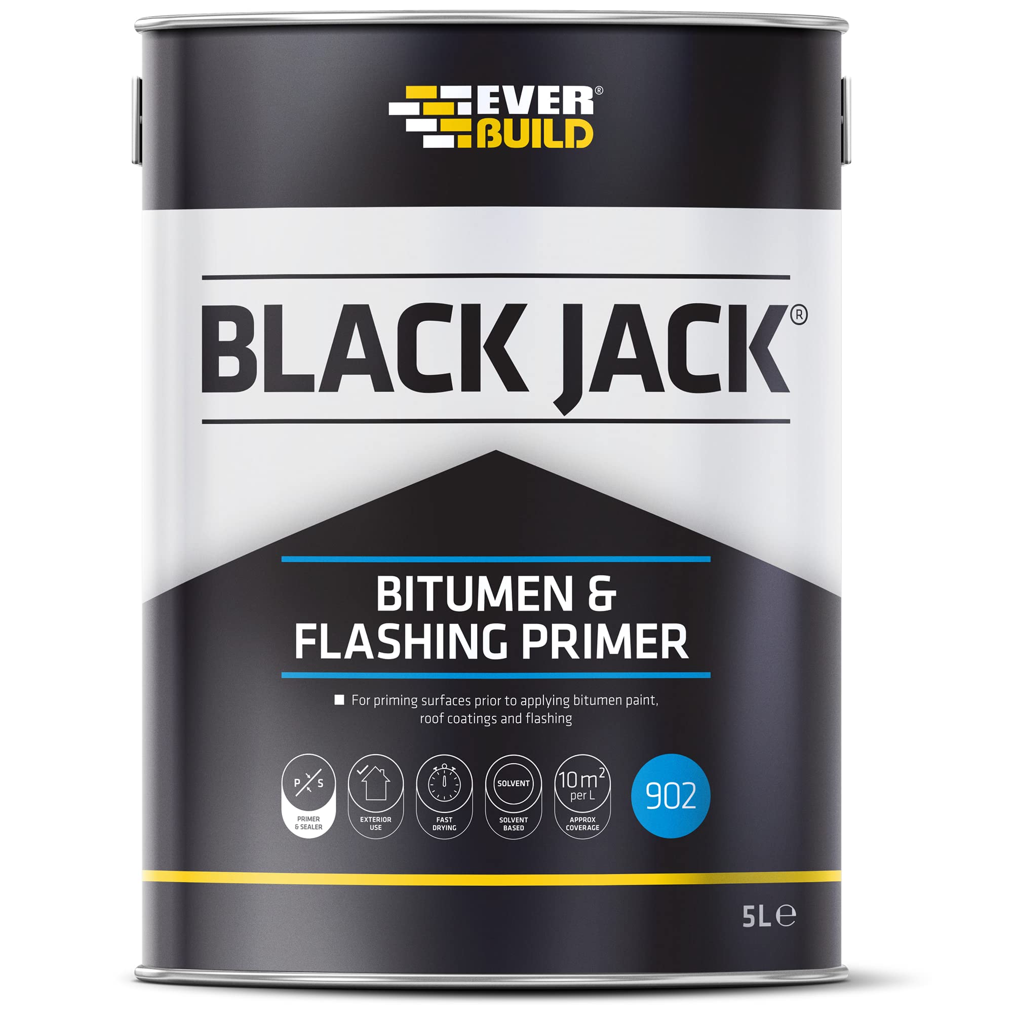 Everbuild Black Jack 902 Bitumen and Flashing Primer – Fast-Drying – Black – 5 Litre