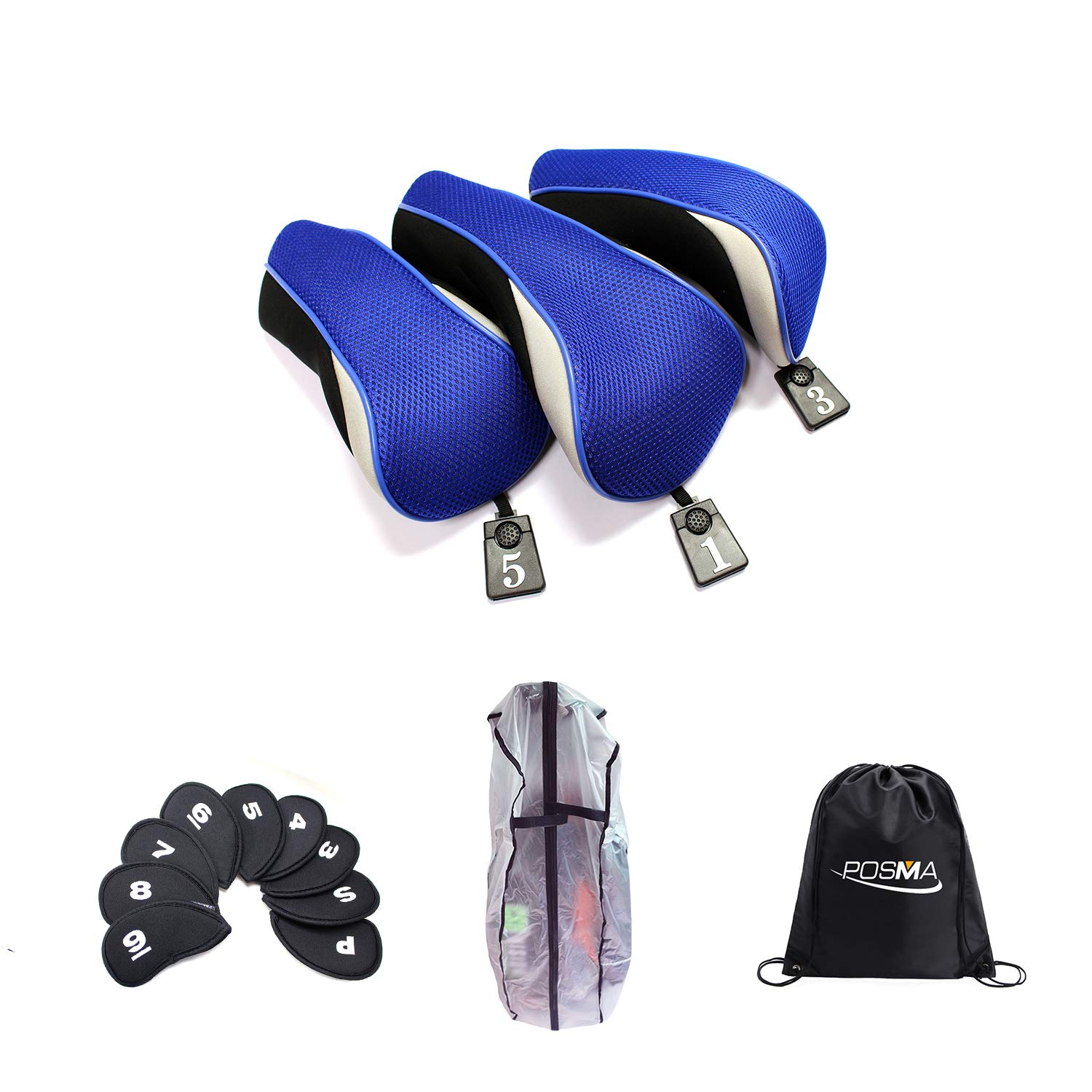 POSMA CC100B Wood Club Head Cover 1,3,5 bundle set with Golf Club Head Covers Zippered - Set of 9 + 1pc Clubs Bag Rain cover + 1pc black cinch sack carry bag