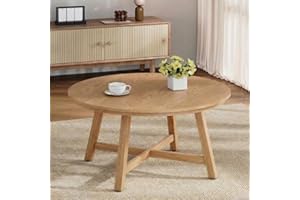 36 Inch Round Coffee Table with Industrial Wood Grain, Circular Center Table with Thickened Metal Legs, Modern Wooden Accent 