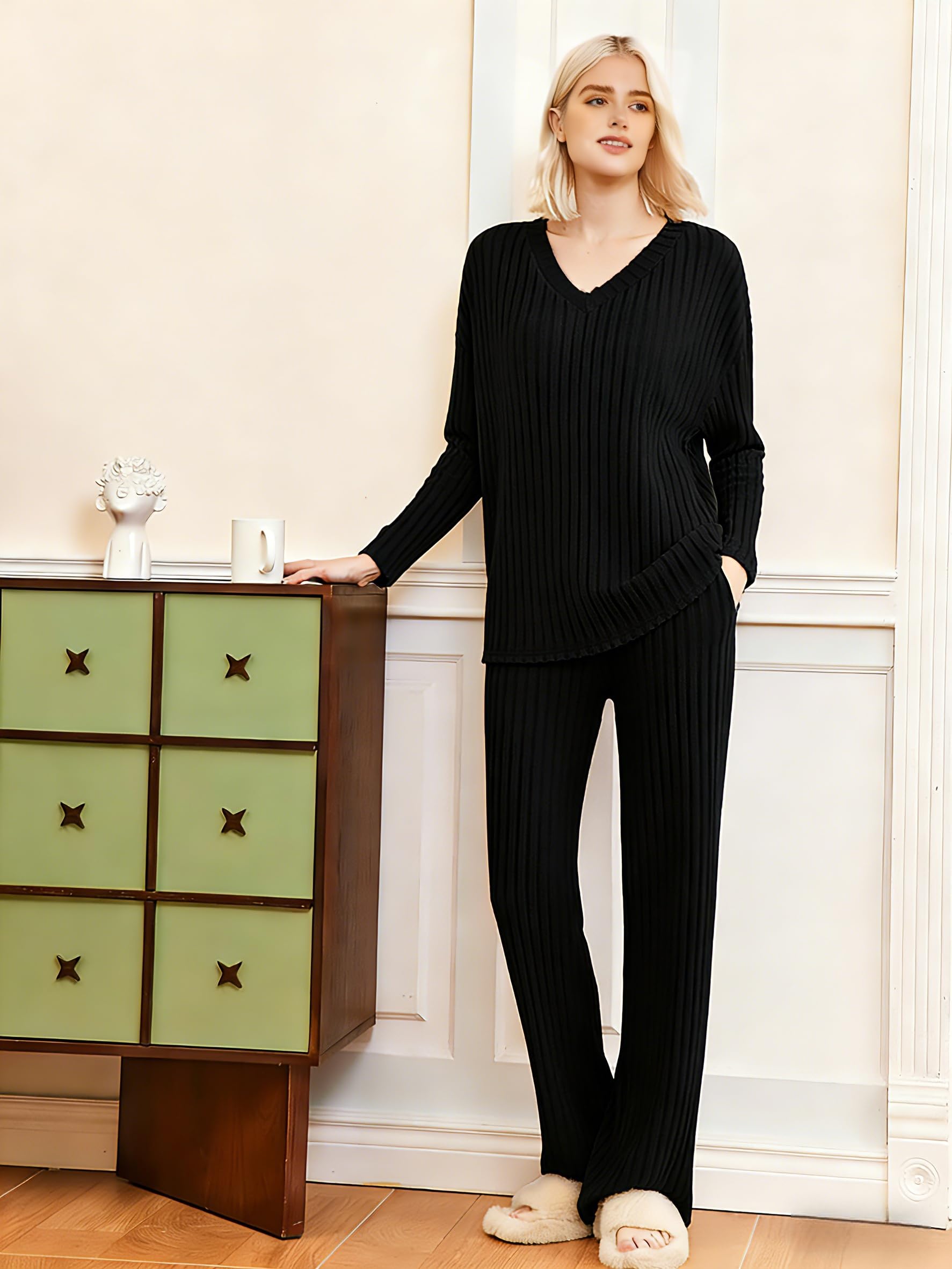 Am Direct Lounge Sets for Women Long Sleeve Knit Ribbed Pajama Sets 2 Piece Casual Loungewear with Pockets Black S