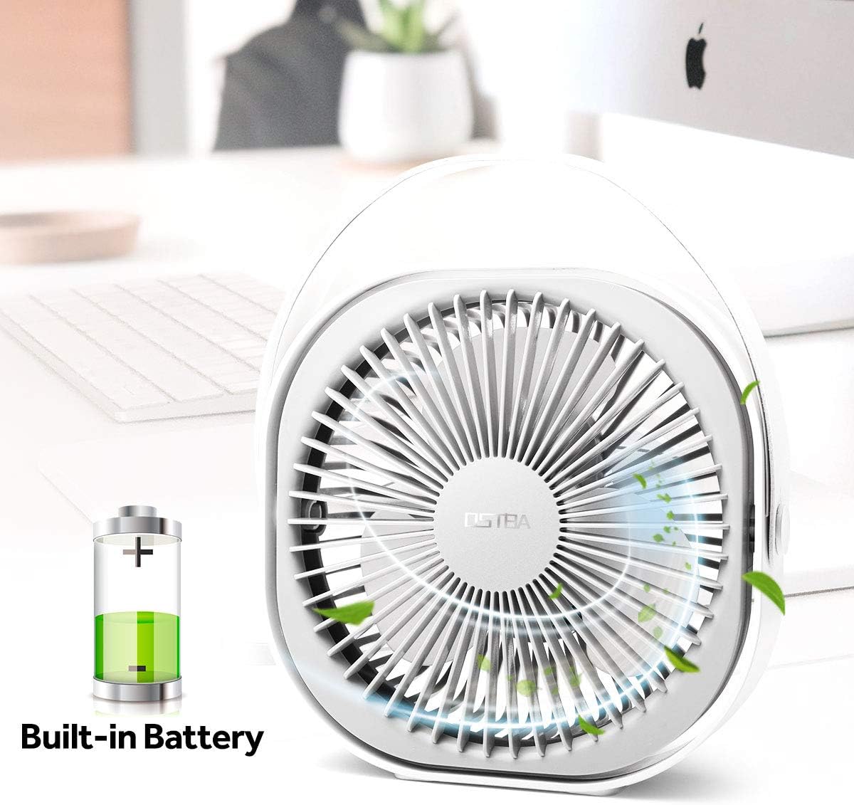 Desk Fan 6 Inch Rechargeable Battery Powered Mini USB Fan Ultra Quiet Table Fan with 3 Speeds, Portable USB Personal Fan for Office, Home, Car, Travel, 2000mAh, Includes a Handle(White)