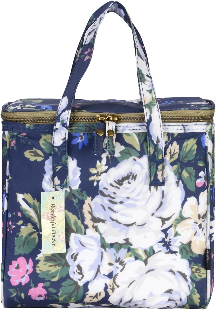 WONDERFUL FLOWER Medium lunch bags for women Insulated Picnic Bag lunch Box Bag (003Navy)