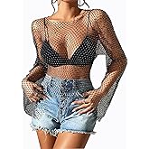 PartyArt Women's Fishnet Rhinestone Top Sparkly Long Sleeve Sexy Slim Party Hottie Long Sleeve