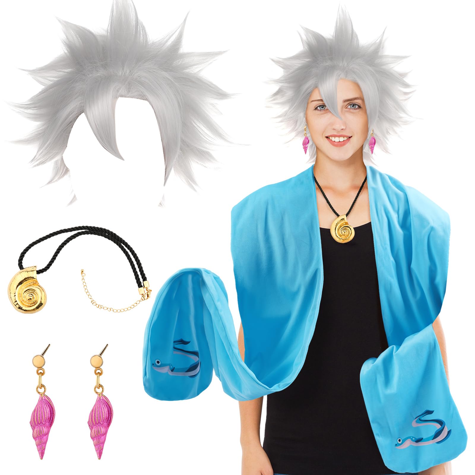 Photo 1 of Langyiwee Set of 4 Eel Costume Undersea Witch Cosplay Accessories Halloween Scarf Wig Seashell Necklace Earrings for Party