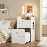 Lvifur 3 in 1 Vanity with Mirror and Sensor Lights,Charging Station,White | Glass Top Compact Vanity with Storage,Modern Flip Top Small Vanity with 3 Drawers &amp; Rolling Stool,Bedroom