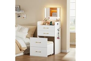 Lvifur 3 in 1 Vanity Desk with Flip Top Mirror and Lights,Glass Top Compact Vanity with 3 Drawers &Rolling Stool, Modern Small Makeup Vanity Table with Charging Station,Bedroom,White