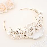 Oriamour Gold Bridal Headband Crowns With Ceramic Flowers Pearls Wide Wedding Headpieces For Women