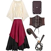 Hillban Women Medieval Renaissance Dress Costume Halloween Blouse Top Skirt Pouch Bottle Corset Belt