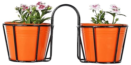 GIG Handicrafts Double Iron Balcony Railing Planter Window Box with Metal Planter (51 cm x 16 cm x 21 cm, Black & Orange)